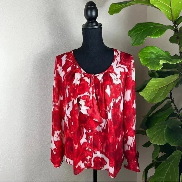 Anne Klein Red White Sheer Floral Blouse Top Size Large - Picture 7 of 12